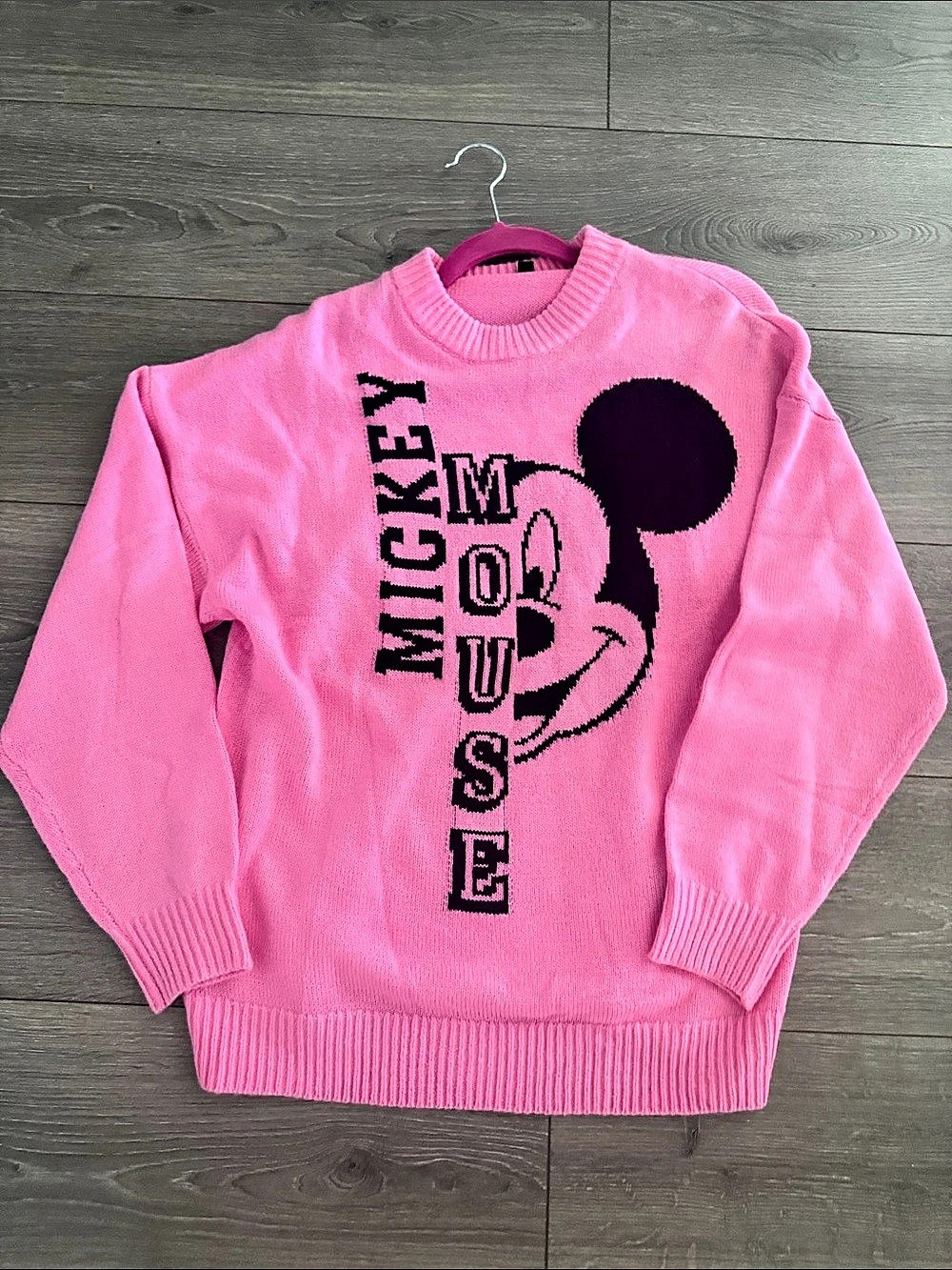Disney Mickey Mouse Pink and Black Knit Crewneck Sweater Pink & Black Knit